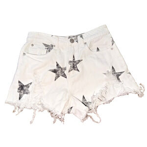 Blue Buttercup White Star Print Distressed Denim Shorts Medium High Rise